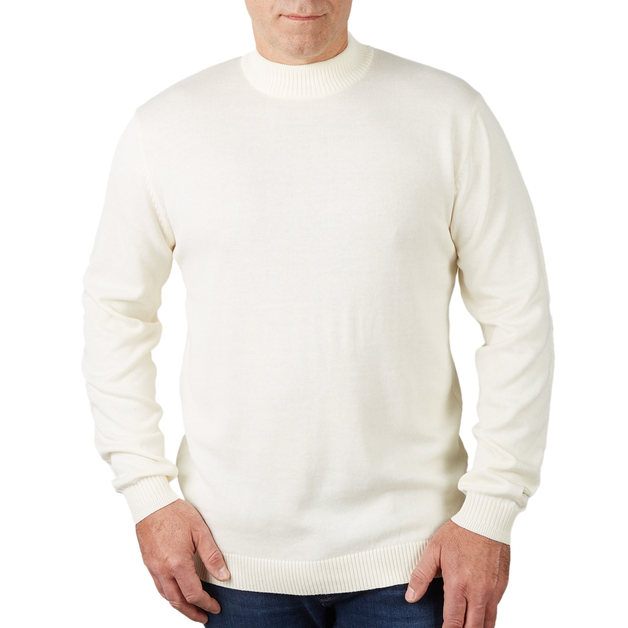 Lorenzo Franco Solid Cream Off-white Pullover Cotton Blend Mock Neck Sweater