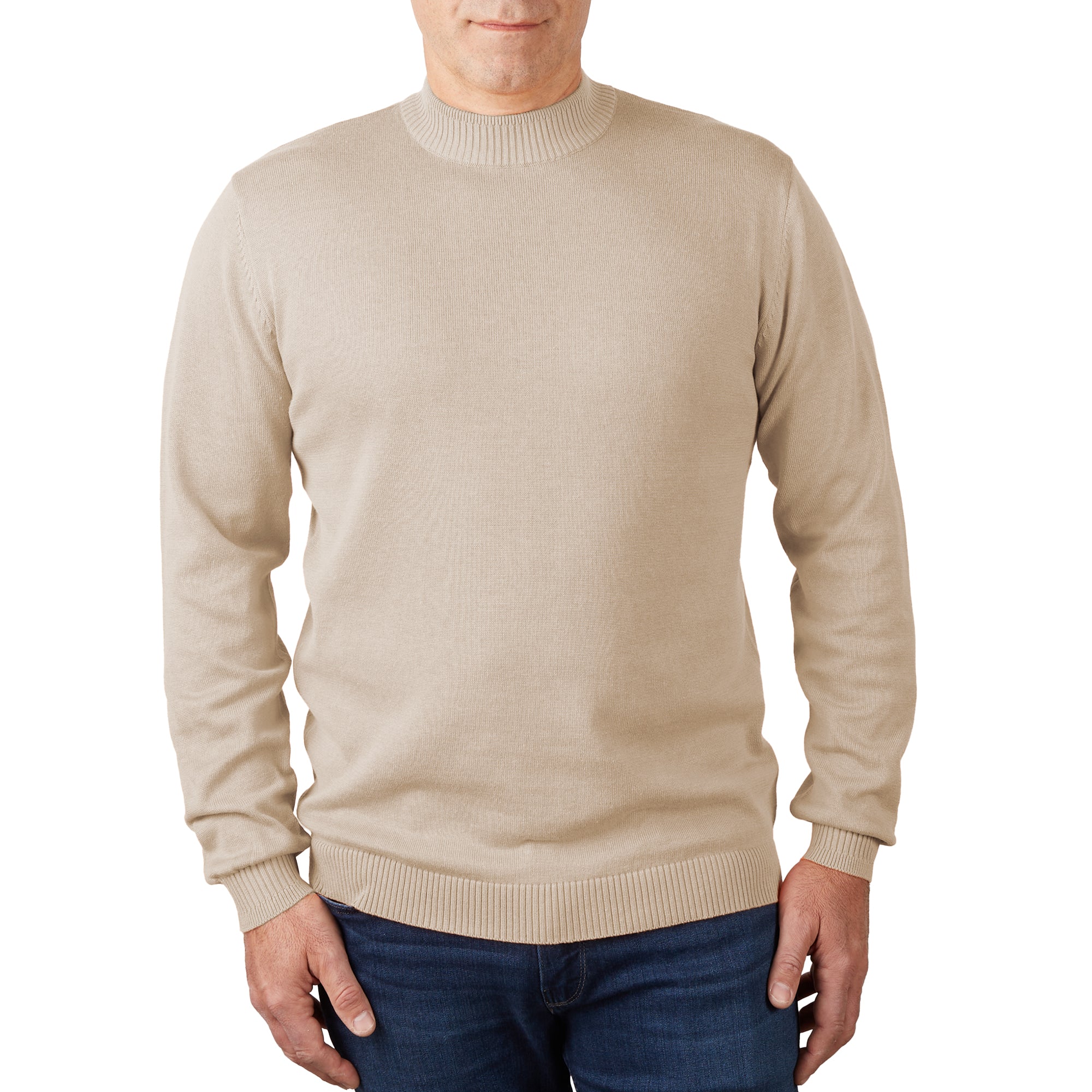 Lorenzo Franco Solid Sand Pullover Cotton Blend Mock Neck Sweater