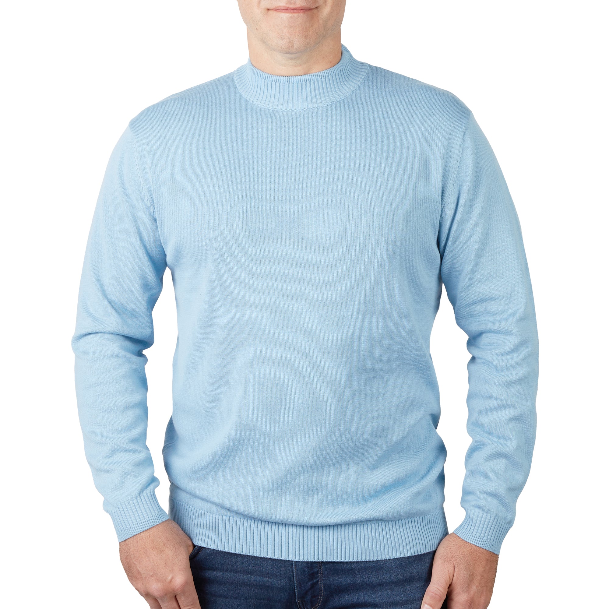 Lorenzo Franco Solid Sky Blue Pullover Cotton Blend Mock Neck Sweater